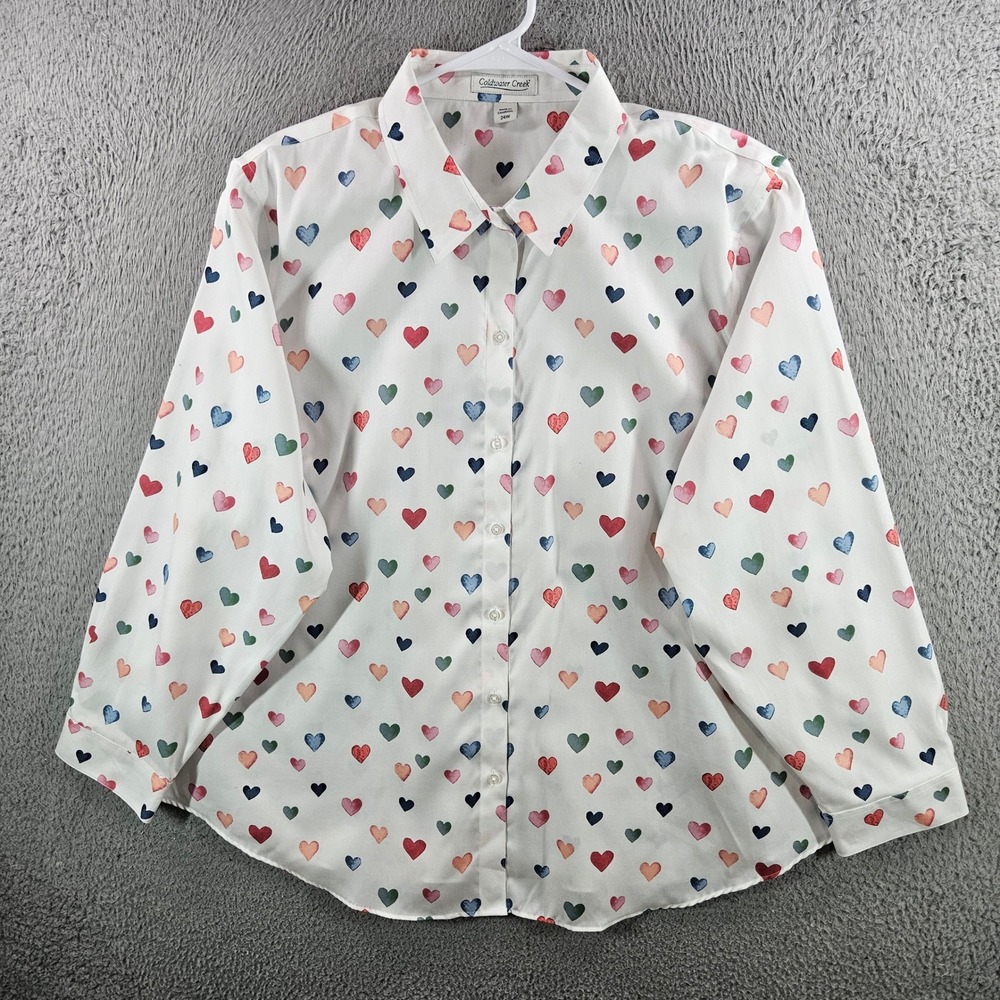 Coldwater Creek Womens 24W White Watercolor Heart Print Cotton Button Down Shirt